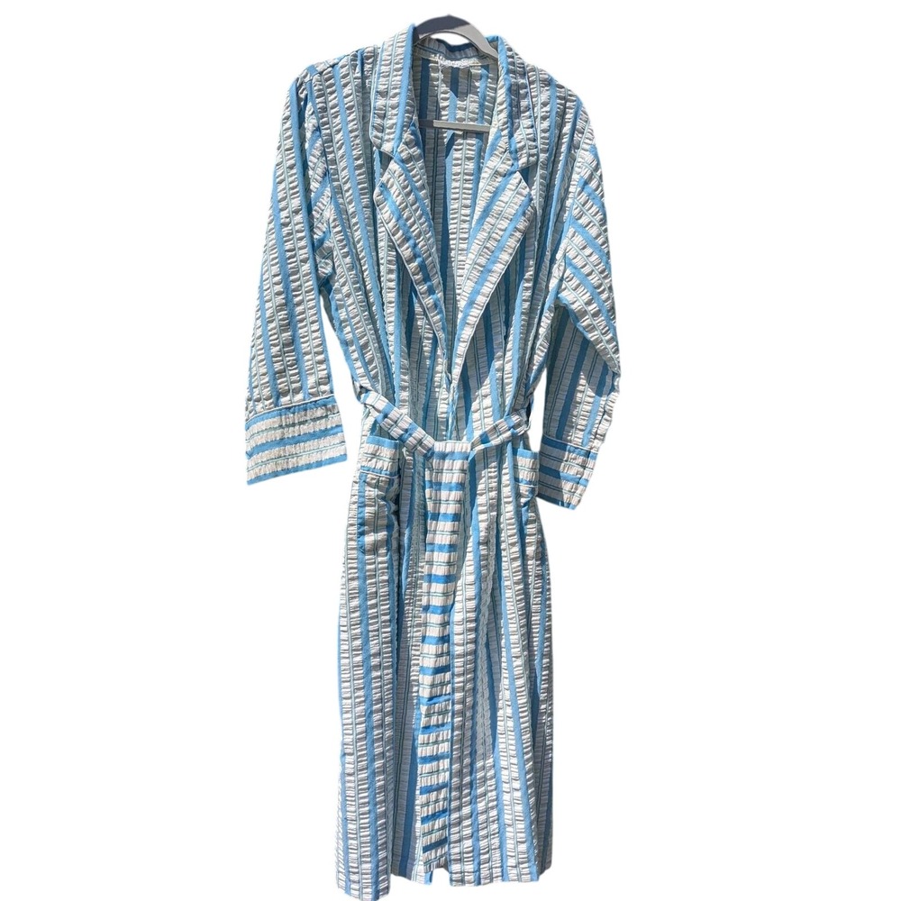 LARGE 70s Appel Grandpacore Seersucker Robe Blue White Stripe Loungewear Cotton